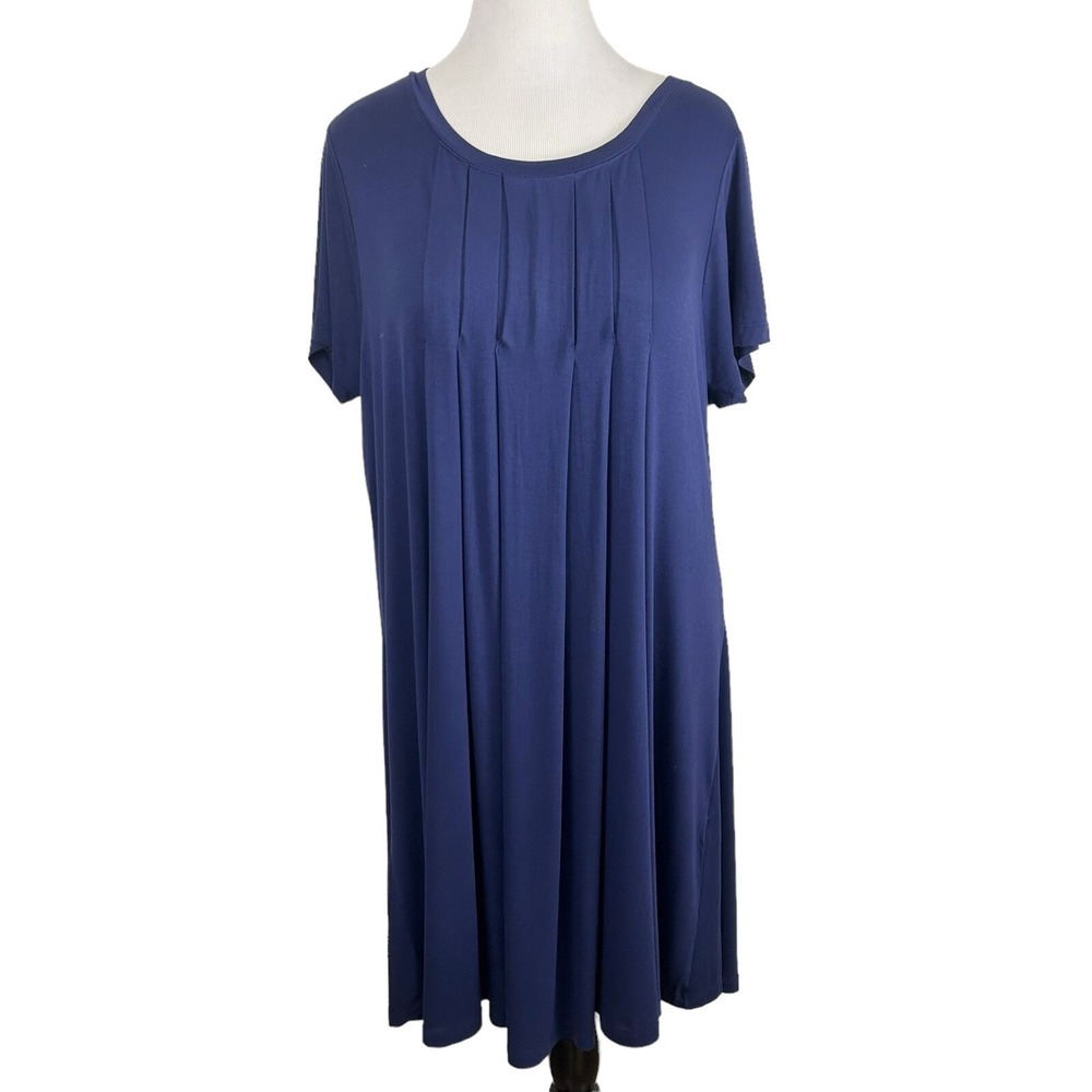 SOFT SURROUNDINGS Blue Jersey Knit Pleated Shift DRESS 1X Flowy Swing Stretch